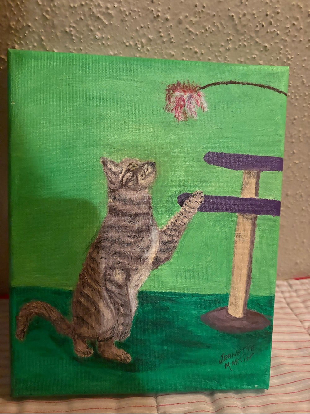 Original oil Cat Canvas Art - Green Background, Gray Tabby Cat